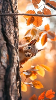 A red squirrel peeks from behind a tree trunk in an autumnal forest. The leaves are turning various shades of orange and yellow. The squirrel's curious expression and the warm colors of the forest create a charming scene.