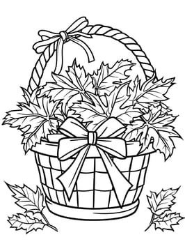 A black and white illustration of a basket filled with autumn leaves