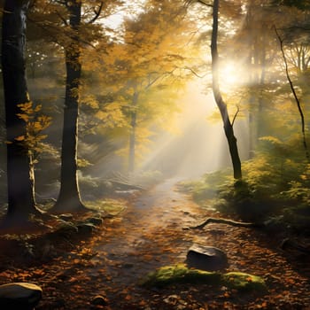 A magical forest path illuminated by sunbeams shining through the autumn foliage