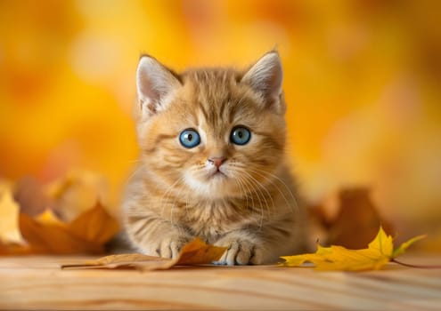 A cute kitten with blue eyes sits amidst a bed of autumn leaves, with a soft focus background.