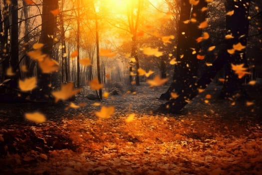 Golden leaves falling on a forest floor in autumn.