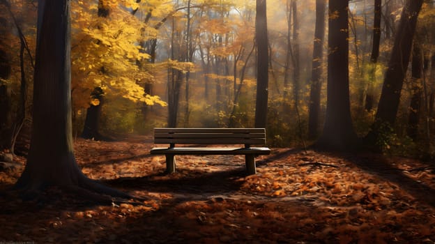A lone bench sits in a quiet autumn forest, bathed in warm sunlight streaming through the trees. Golden leaves cover the ground, creating a serene and peaceful atmosphere.