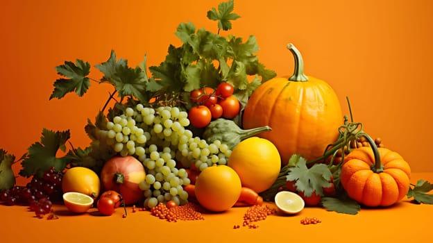 A vibrant still life showcasing the colors and textures of autumn harvest. A variety of fresh fruits and vegetables are arranged on a simple orange backdrop, creating a visually appealing composition.