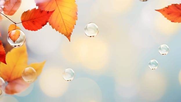 A close-up photo of autumn leaves and water drops, showcasing the vibrant colors and delicate textures of nature.
