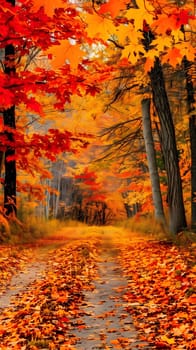 A narrow path through a forest in autumn, showcasing the vibrant red, orange, and yellow hues of the fallen leaves. The trees stand tall, creating a canopy overhead, and the path leads the eye into the heart of the woods. The overall atmosphere is serene and tranquil.