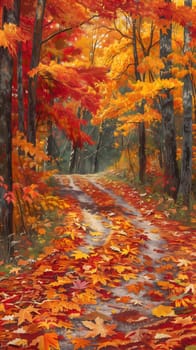 A picturesque path winds through a forest in autumn, showcasing vibrant red, orange, and yellow leaves. The trees stand tall, their branches laden with foliage, creating a sense of tranquility and wonder.