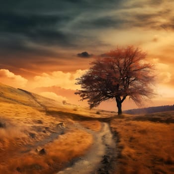 A solitary tree stands tall against a dramatic sunset sky, with rolling hills and a winding path in the foreground.