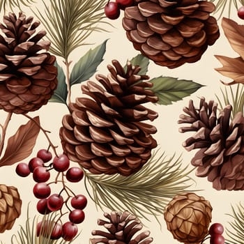 A seamless pattern of winter forest elements, featuring pine cones, leaves, branches, and berries.