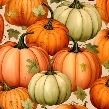 A vibrant and colorful illustration featuring a close-up of pumpkins with green leaves and vines, showcasing the bountiful harvest of autumn.