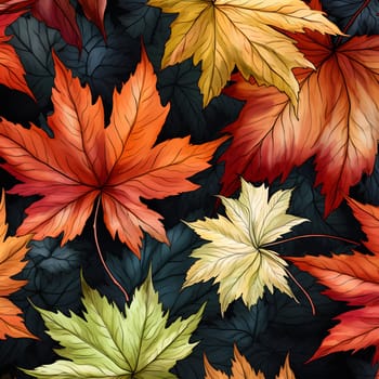 A vibrant and detailed autumn leaf pattern with leaves in shades of red, orange, yellow, and green. The leaves are arranged in a seamless pattern and creates a beautiful and artistic background.