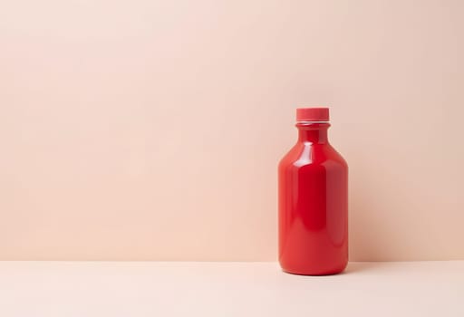 A sleek red minimalist bottle standing against a soft pink background. The clean lines and simple design of the bottle create a striking contrast with the pastel backdrop, resulting in a modern and elegant composition. This image is perfect for themes related to minimalism, product design, and contemporary aesthetics