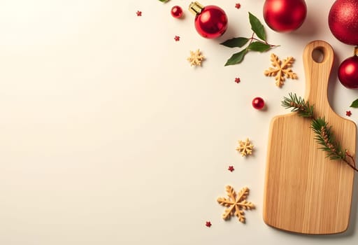 A rustic wooden board encircled by festive Christmas decorations, including ornaments, pine branches, and holiday lights, creating a cozy and festive atmosphere. Perfect for holiday-themed projects and seasonal designs