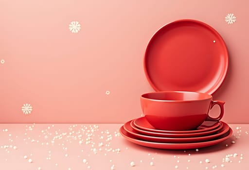A vibrant red plate and a cup encircled by festive Christmas decorations, including ornaments, pine branches, and holiday lights, creating a cheerful and seasonal holiday display. Ideal for holiday-themed projects and table setting designs