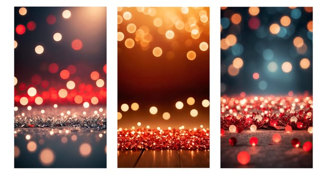 Festive blurred festive abstract background of Christmas lights .Space for text.Decorative wallpaper. Used for digital backgrounds, cards and social media stories. AI generated