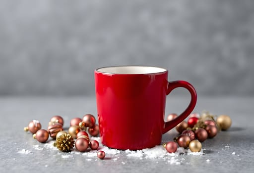 This charming red mug adorned with Christmas decorations adds a warm and festive touch to any holiday setting. The mug is placed against a subtle gray background, enhancing its vibrant color and festive spirit. Perfect for holiday-themed designs, this image captures the essence of Christmas cheer and can be used for a variety of seasonal projects, including greeting cards, social media posts, and more
