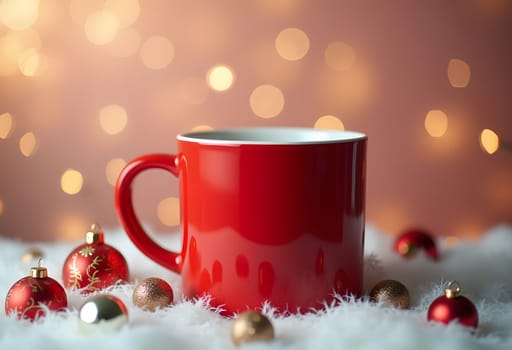 This charming red mug adorned with Christmas decorations adds a warm and festive touch to any holiday setting. The mug is placed against a subtle soft background, enhancing its vibrant color and festive spirit. Perfect for holiday-themed designs, this image captures the essence of Christmas cheer and can be used for a variety of seasonal projects, including greeting cards, social media posts, and more