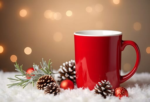 This charming red mug adorned with Christmas decorations adds a warm and festive touch to any holiday setting. The mug is placed against a subtle soft background, enhancing its vibrant color and festive spirit. Perfect for holiday-themed designs, this image captures the essence of Christmas cheer and can be used for a variety of seasonal projects, including greeting cards, social media posts, and more
