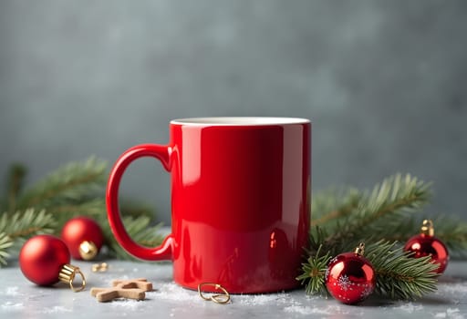 This charming red mug adorned with Christmas decorations adds a warm and festive touch to any holiday setting. The mug is placed against a subtle gray background, enhancing its vibrant color and festive spirit. Perfect for holiday-themed designs, this image captures the essence of Christmas cheer and can be used for a variety of seasonal projects, including greeting cards, social media posts, and more