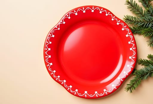 A vibrant red plate encircled by festive Christmas decorations, including ornaments, pine branches, and holiday lights, creating a cheerful and seasonal holiday display. Ideal for holiday-themed projects and table setting designs