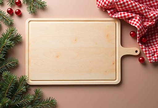A rustic wooden board encircled by festive Christmas decorations, including ornaments, pine branches, and holiday lights, creating a cozy and festive atmosphere. Perfect for holiday-themed projects and seasonal designs