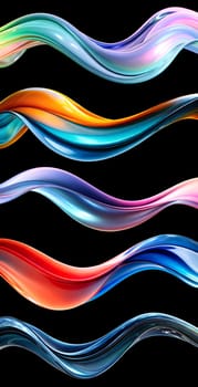 Vivid waves of color ripple across a black surface, showcasing a blend of smooth curves and fluidity, evoking a sense of motion and creativity.