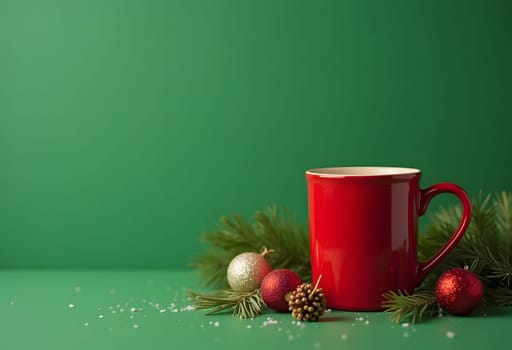 This charming red mug adorned with Christmas decorations adds a warm and festive touch to any holiday setting. The mug is placed against a subtle green background, enhancing its vibrant color and festive spirit. Perfect for holiday-themed designs, this image captures the essence of Christmas cheer and can be used for a variety of seasonal projects, including greeting cards, social media posts, and more