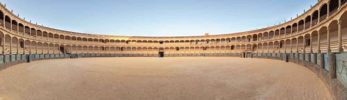 Ronda, Spain, monday. september 2 2024. Panoramic view of interior Bullring arena in Ronda. Malaga province, Andalusia, Spain