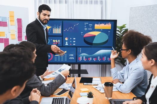 Businessman presenting data analysis dashboard display on TV screen in modern meeting for marketing strategy. Business presentation with group of business people in conference room. Concord