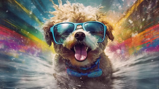 pet dog beach sand puppy hawaiian wave sunglasses terrier ocean funny vintage isolated sport surfer vacation animal summer tropical hawaii. Generative AI.