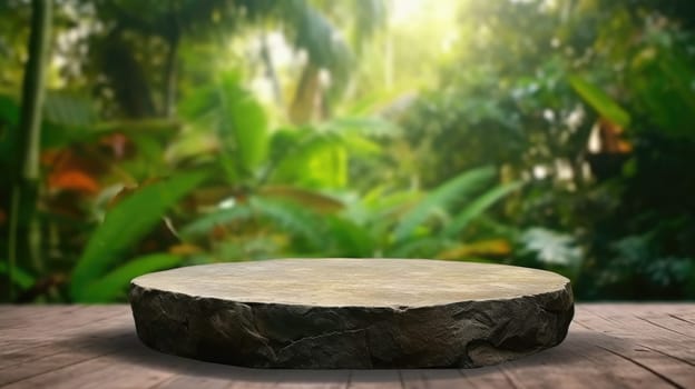 Empty stone table for product advertising display in fresh green jungle blur background. Generative AI image weber.