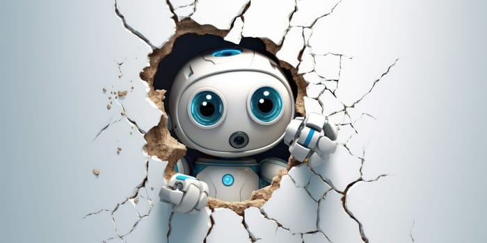 Cute robot toy peeking out of a hole in wall, torn hole, empty copy space frame, mockup. Generative AI image weber.