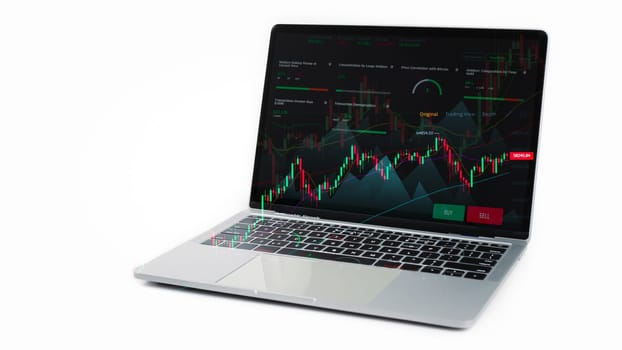 Stock graphs and various indicators on the computer screen On a white background. Stock trading. Finance. Investment. Growing business.