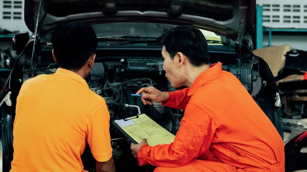 Panoramic banner automotive service mechanic inspect and diagnose car engine issue, repairing and fixing problem in workshop. Technician car care maintenance working on internal components. Oxus