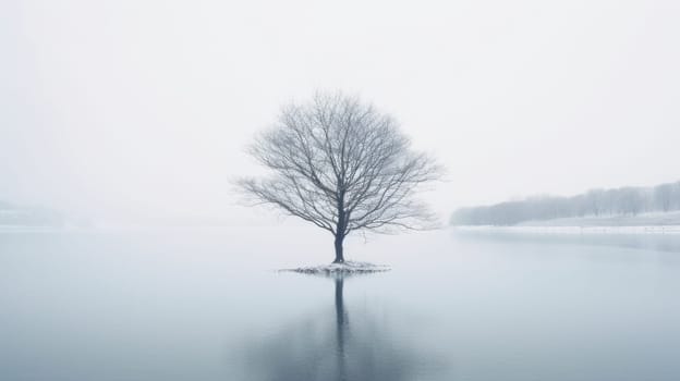 Lone lonely tree in winter snow and lake solitude, minimalist. Generative AI image weber.