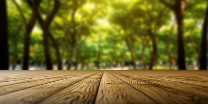 wooden floor and blurred tree forest on behing background. Generative AI image weber.