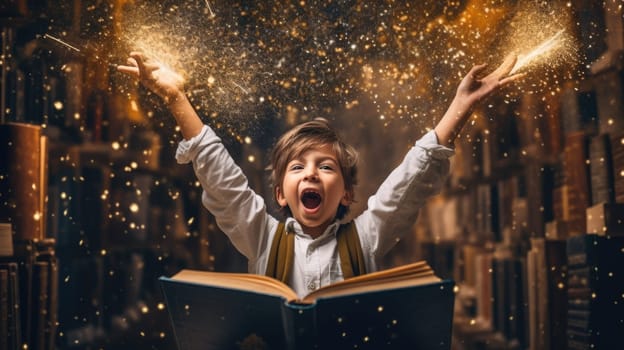 Boy excited with an opened magical book with wave of astral magical elements flowing out. Generative AI image weber.