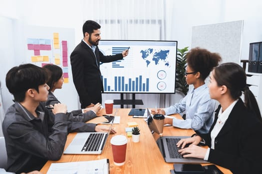 Businessman presenting data analysis dashboard display on TV screen in modern meeting for marketing strategy. Business presentation with group of business people in conference room. Concord