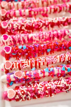 Chocolate-covered pretzel rods decorated with heart-shaped sprinkles for Valentine's Day.