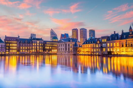 Binnenhof castle or Dutch Parliament, cityscape downtown skyline of  Hague in Netherlands at twilight