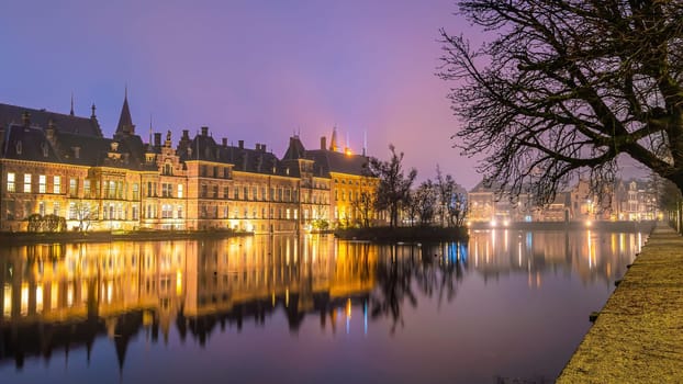 Binnenhof castle or Dutch Parliament, cityscape downtown skyline of  Hague in Netherlands at twilight