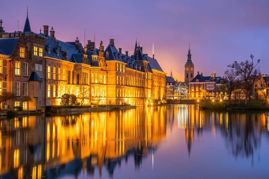 Binnenhof castle or Dutch Parliament, cityscape downtown skyline of  Hague in Netherlands at twilight