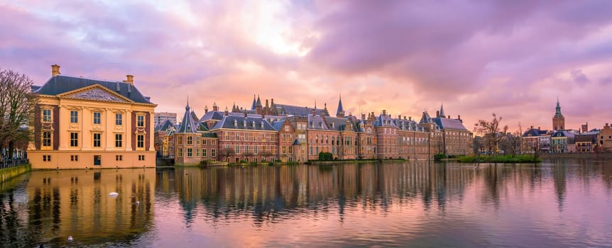 Binnenhof castle or Dutch Parliament, cityscape downtown skyline of  Hague in Netherlands at twilight