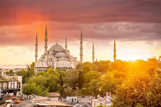The Sultanahmet Mosque (Blue Mosque) in Istanbul, Turkey at sunset