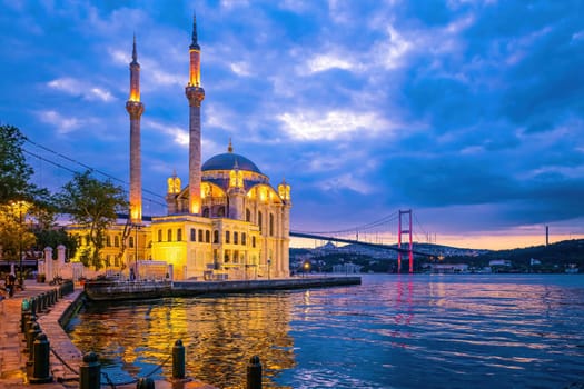 Ortakoy mosque on the shore of Bosphorus in Istanbul, Turkey at sunset