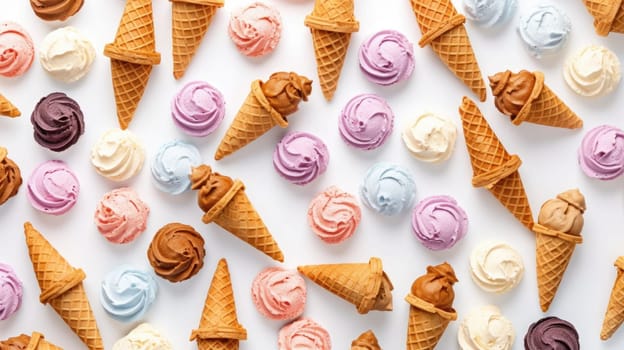 Top view photo of many ice cream, colorful, wafer cones, maximalism, isolated pastel white background with copyspace. Generative AI image weber.