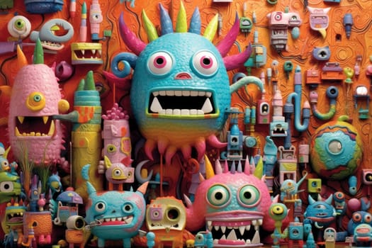 The monster on the wall is covered with candy, in the style of pop culture collages, organic sculptures, kombuchapunk, green and amber, vibrant, catcore, caninecore. Generative AI image weber.