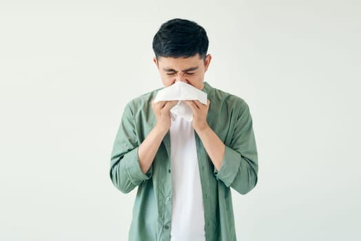 Sick guy isolated has runny nose