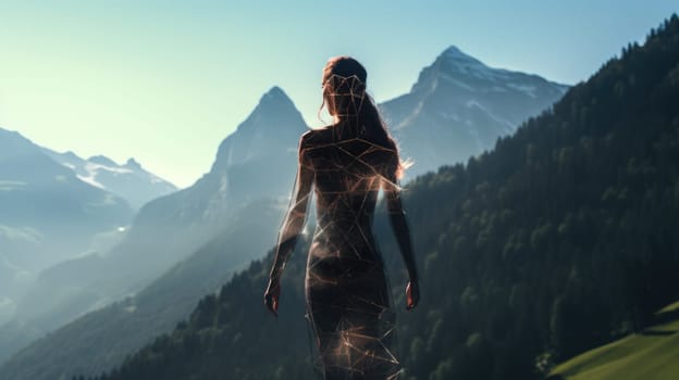 Woman in Yoga Full Body Backlit Pose in the breath taking Alpine. Generative AI image weber.