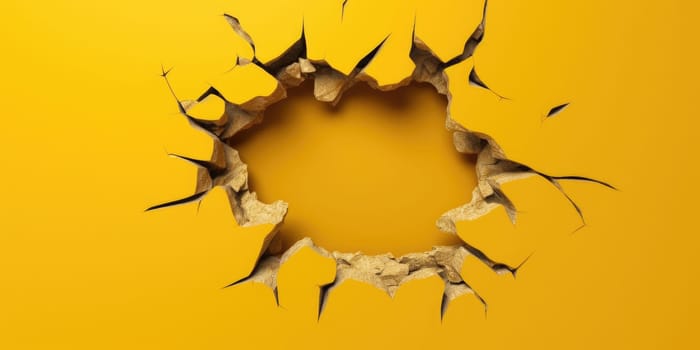 Breaking out of a hole in solid Yellow wall, torn hole, empty copy space frame, mockup. Generative AI image weber.