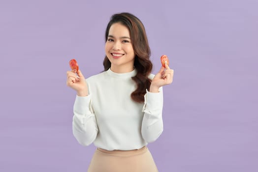 Beautiful young fun woman face care her with, tomato slice